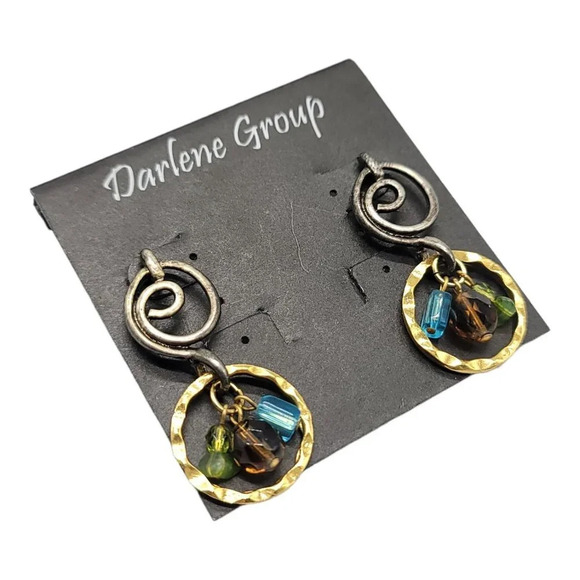Darlene Group Two Tone Gold Silver Multi Colored Glass Bead Spiral Dangle Earrin - Picture 2 of 4